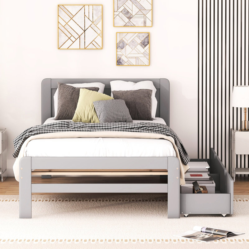 Lit plateforme simple gris avec tiroirs pour plus de rangement et optimisation de l'espace, Gris
