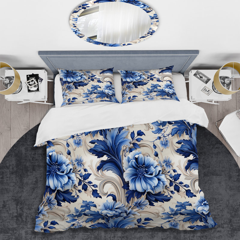 Ensemble de housse de couette Majestic Cobalt Scrolls Victorian, Housse de couette pour grand lit et 2 taies décor
