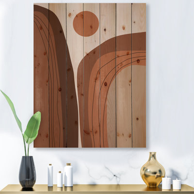 Abstrait terre cuite coucher de soleil paysage de montagne - impression moderne sur bois de pin naturel