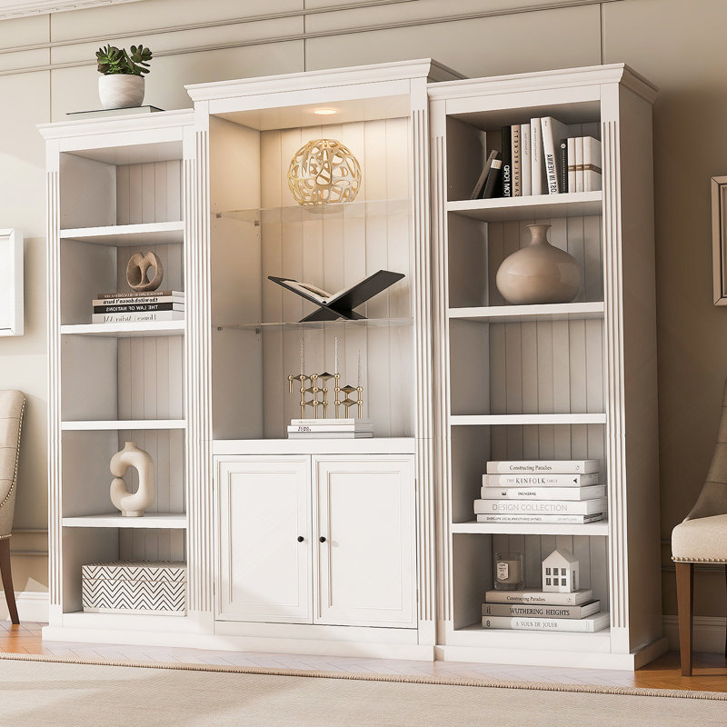 78.75" Tall 3-Piece Retro Bookcase Set With Adjustable LED Lighting And Tempered Glass Shelves For Flexible Display And Storage.