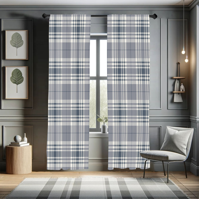  Checkered Curtains, Plaid Tartan English Tile, Pale Purpleblue, 56" W x 63" L