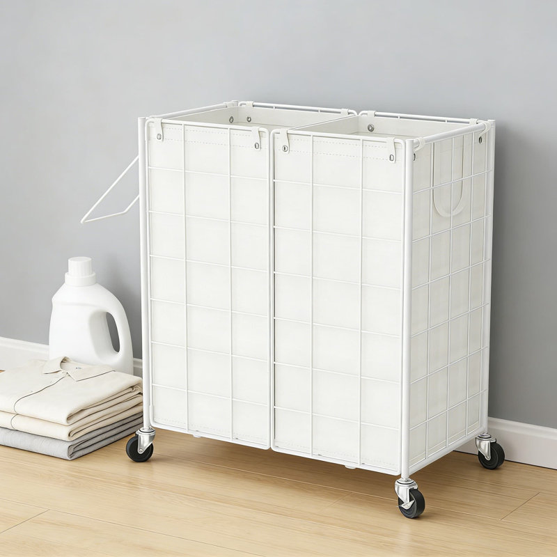 Double panier à linge avec roues et sacs amovibles, panier à linge roulant de 120 L avec cadre en métal, organisateur de vêtements sales pour la chambre à coucher, la salle de bain et le rangement dans un dortoir