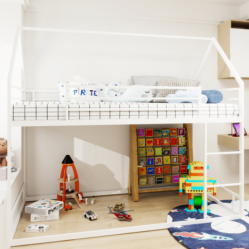 Lit superposé simple en métal blanc, structure de lit en fer robuste, protection contre le bruit, aucun sommier tapissier requis, convient aux chambres à coucher avec un espace limité, hauteur de cadre de 49,21 po, garde-corps intégré de 13 po, 400 lb