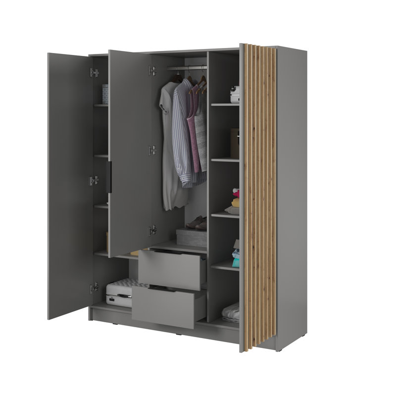 Andzela 3 Door Solid + Manufactured Wood Wardrobe, Grey/Oak Artisan