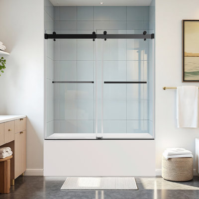 Porte de douche coulissante double de 142-152 cm (L) x 168 cm (H) avec verre trempé de 10 mm, rail en acier inoxydable, fini noir