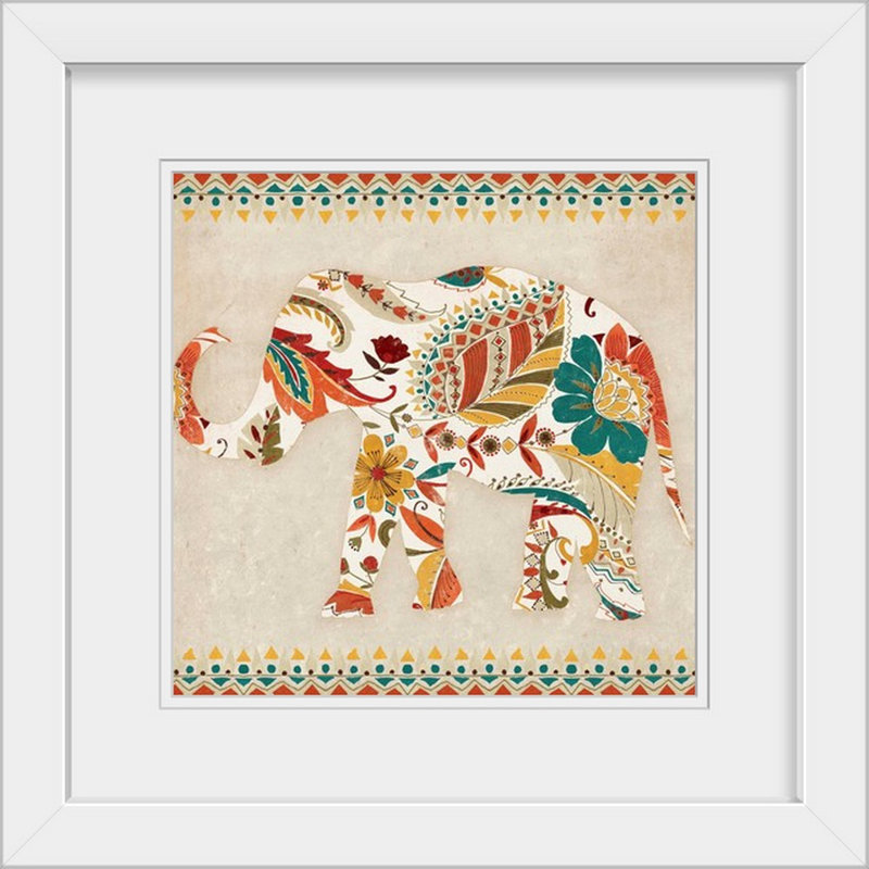 « boho éléphant ii », reproduction d’art, Cadre blanc, H 20" x l 20" x P 1"