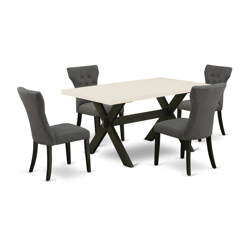Oruada 4 - Person Solid Wood Solid Wood Top Trestle Dining Set, Wirebrushed Black, Dark Gotham Gray, Linen White