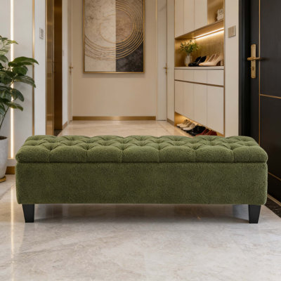 Banc de rangement avec repose-pieds Green Boucle avec dessus capitonné et pieds en bois d'hévéa, capacité de poids de 300 lb pour le salon, la chambre à coucher et le vestibule