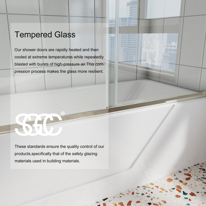60'' - W x 58'' H Double Added Door Semi-Frameless Shower Door with, Brushed Nickel