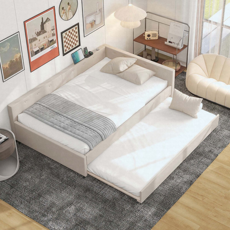 Modern Upholstered Platform Bed With Convenient USB Ports And Space - Saving Trundle, Ideal For Comfortable And Functional Bedrooms