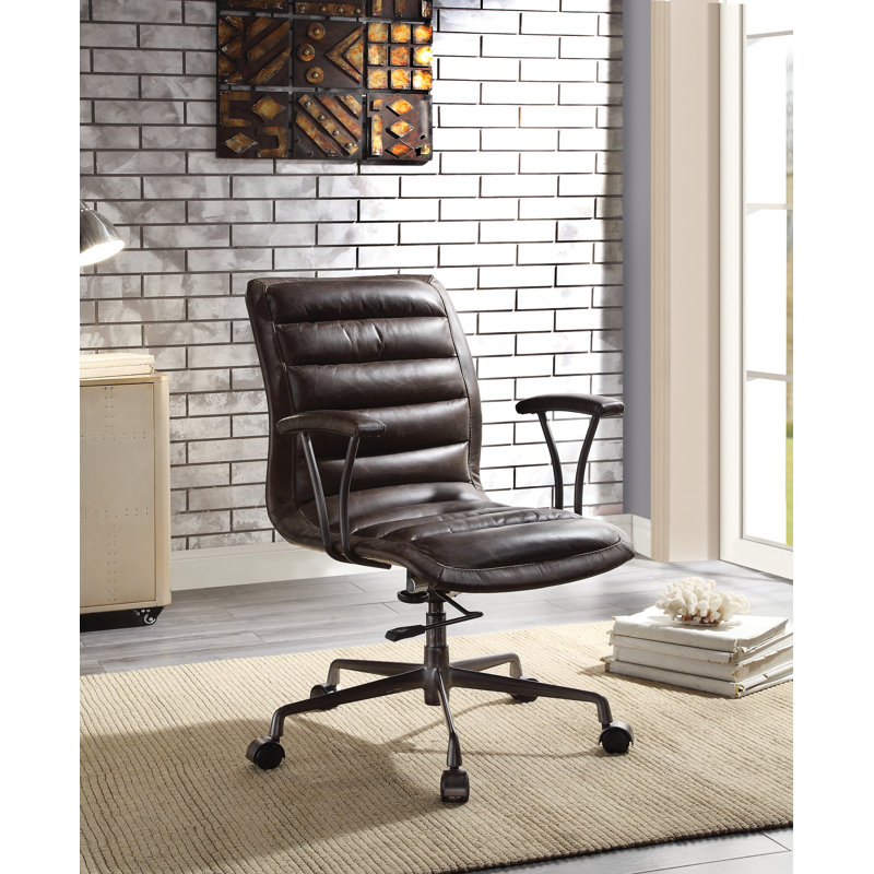 Chaise de bureau, cuir fleur vieilli chocolat