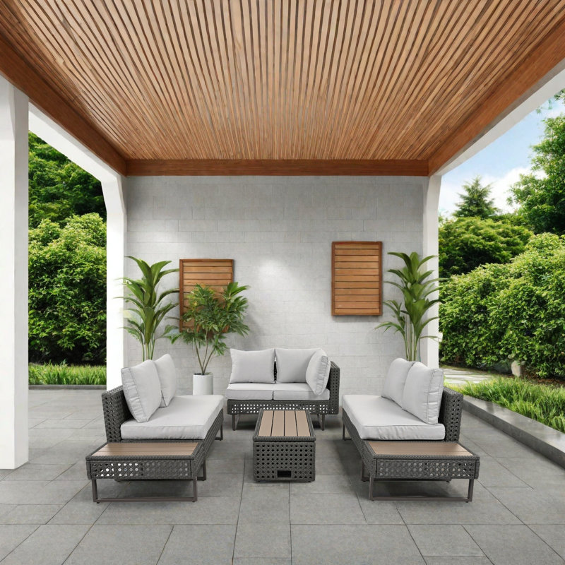 Ensemble de canapé d'extérieur avec dossier inclinable réglable, table basse extensible avec seau à glace et coussins moelleux en osier résistant pour résister aux intempéries
