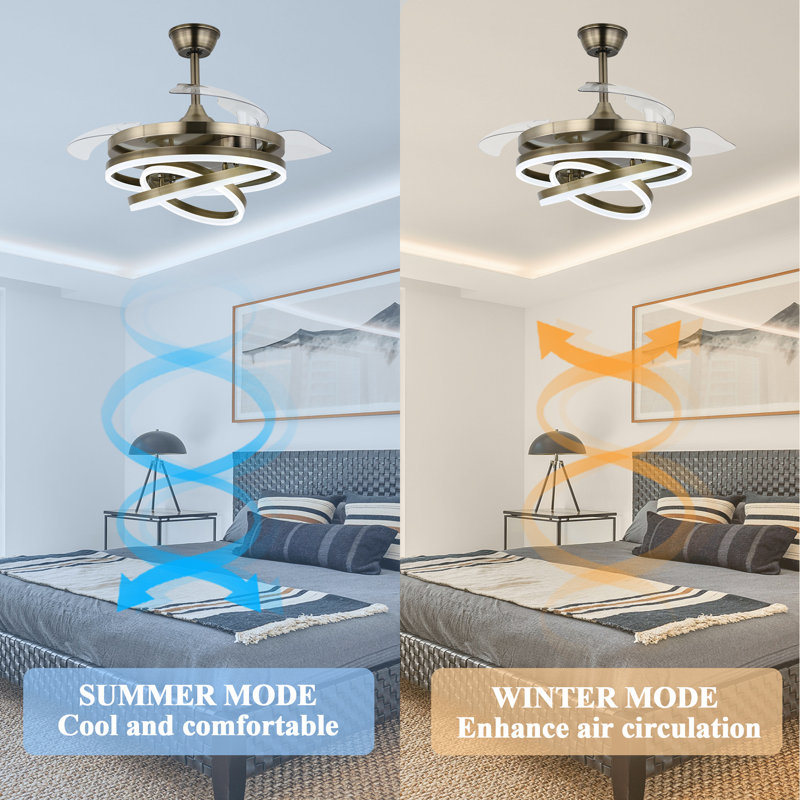 Ventilateur de plafond 42 "rétractable moderne avec lumière DEL à intensité variable, lustre en forme de 6 vitesses avec télécommande pour chambre à coucher