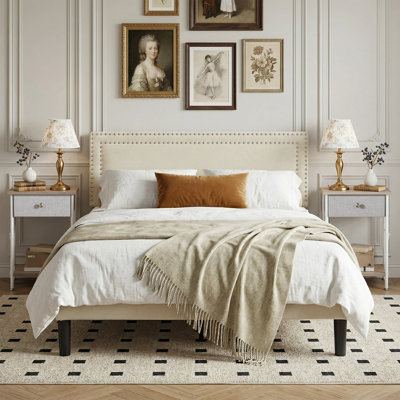 Velvet Tufted Bedroom Set With Bed And 2 Nightstands, No Box Spring Needed Upholstered Platform Bed