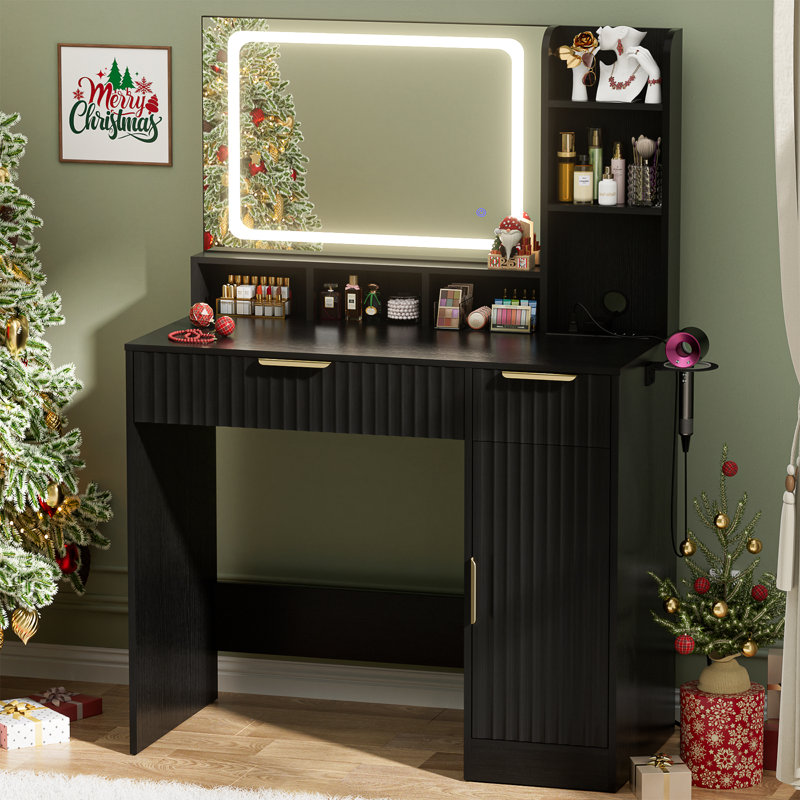  Bureau de maquillage avec miroir, lumières et station de charge, Noir