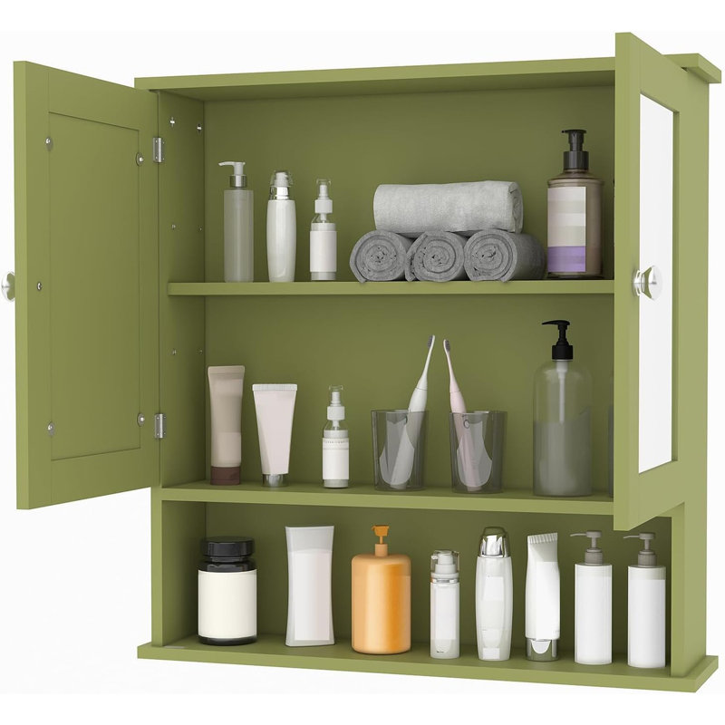 22.2" Wall Mount Mirror Medicine Cabinet, Waterproof Oak Cabinet with Adjustable Shelf for Bathroom, Green