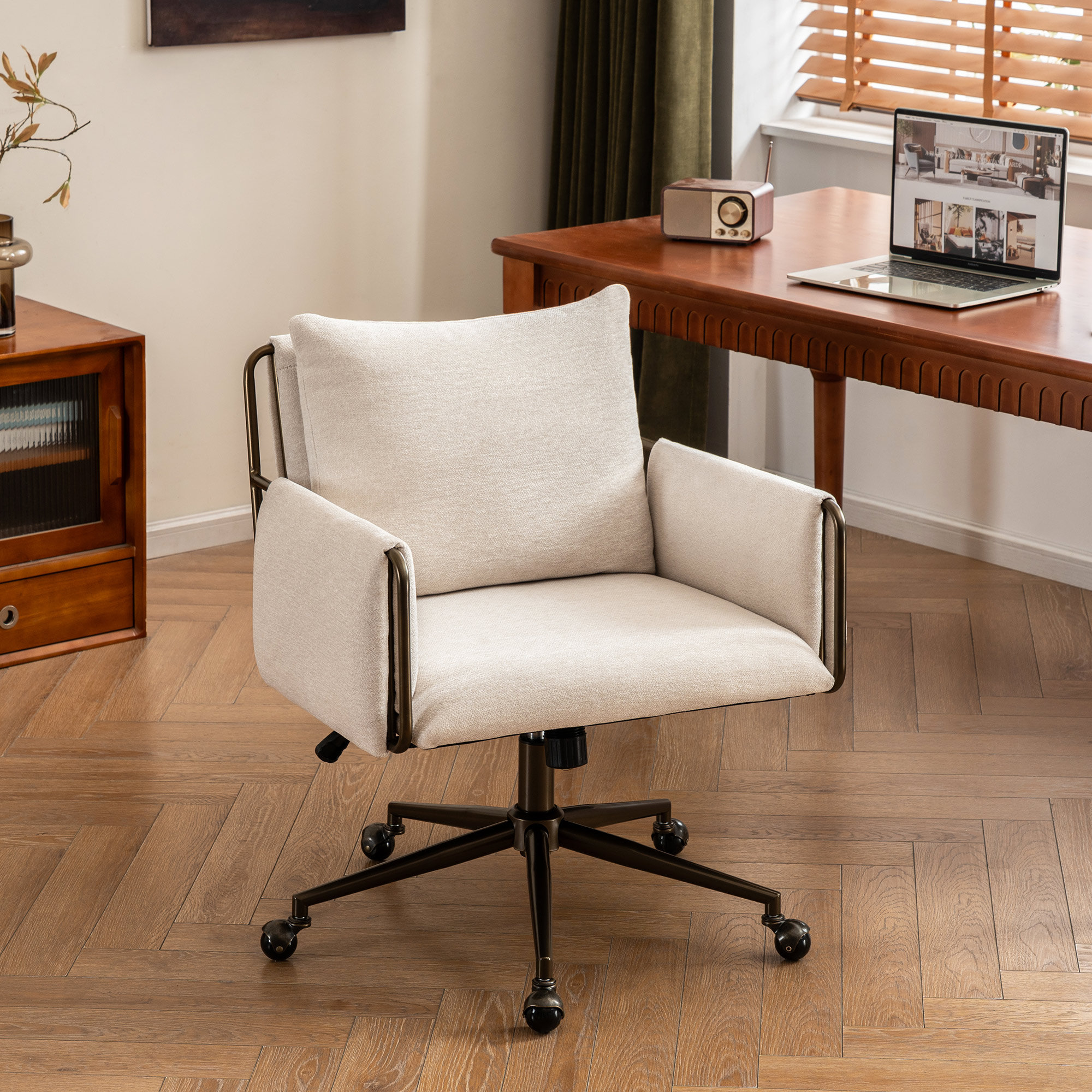 Arianna Upholstered Swivel Office Chair, Beige Seat/Brass Frame