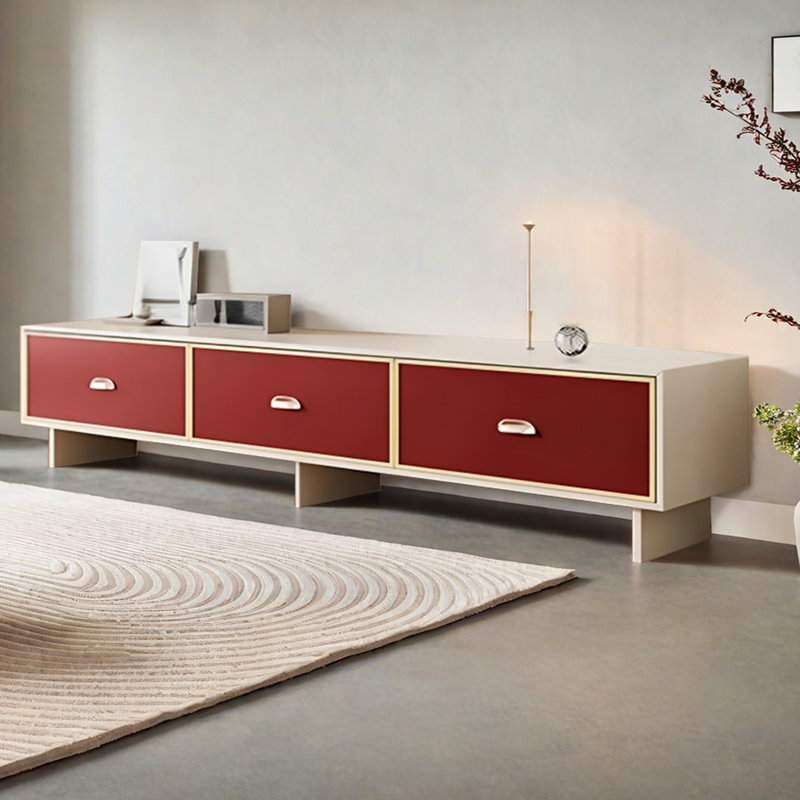 Meuble télé en bois de style rétro minimaliste, Blanc/rouge, H 19,68 po x L 86,61 po x l 15,75 po