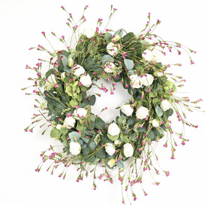 28" Artificial Farmhouse Spring Summer Blossom Cluster Greenery Eucalyptus Wildflower Peony Floral Wreath For Front Door