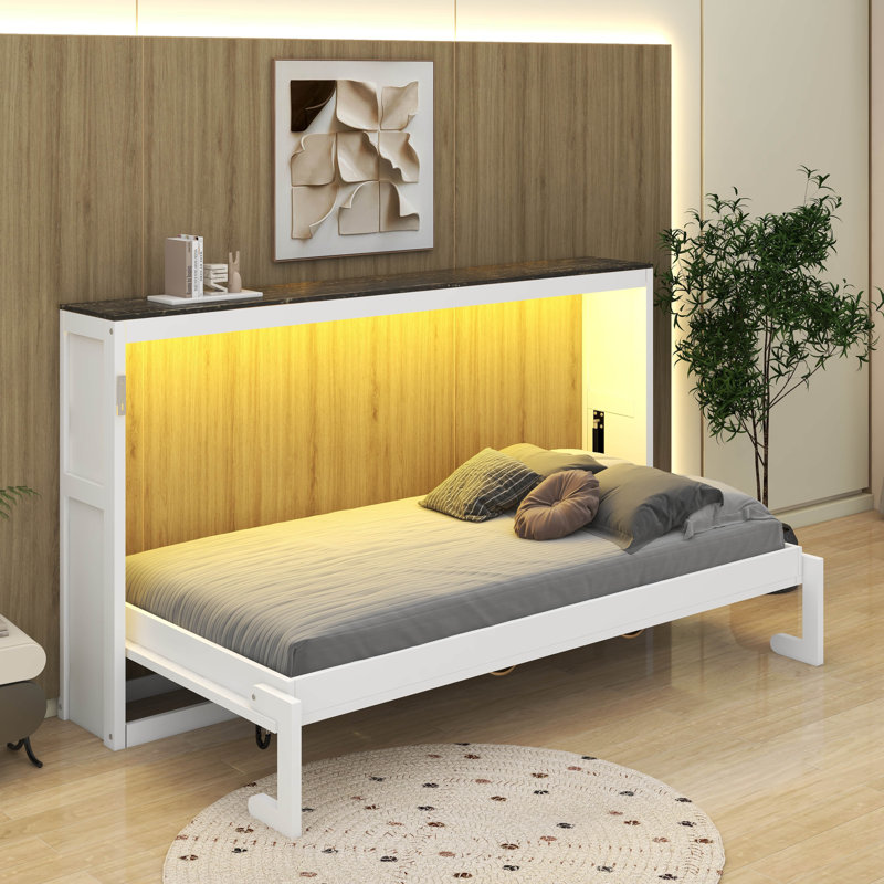 Lit escamotable simple avec lumière DEL, peut être plié dans une armoire, Blanc/brun