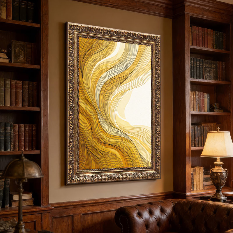 Art mural en toile noyer doré encadré pour salon, chambre à coucher, bureau ou vestibule - décoration murale décorative avec vagues dorées
