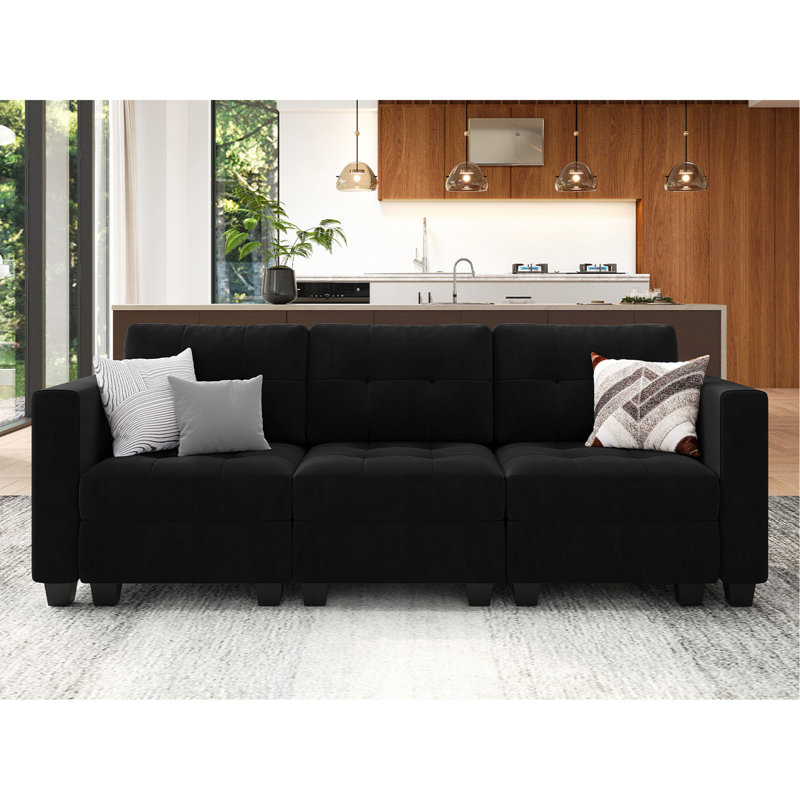 Buckleton Modern 3 Seat Velvet Sectional Couch with Tufted Cushions and Storage Apartment Size Sofa, Black Velvet