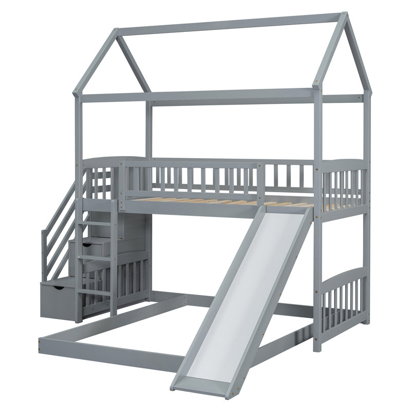 Twin Over Bunk Bed With Slide - Provide Extra Bedroom Storage Ideal For Space Optimization, Gray