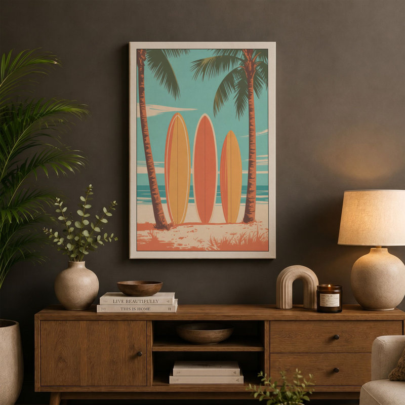 Surfboards at Sunset Coastal - Wrapped Canvas, 36x24 - 91.4 x 61.0 cm, Teal Border