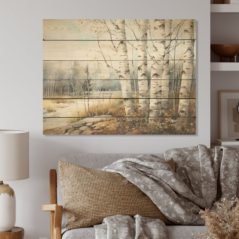 Beauté de bouleau beige et gris I - impression de bois de bouleau sur bois de pin naturel, H 30 po x l 40 po