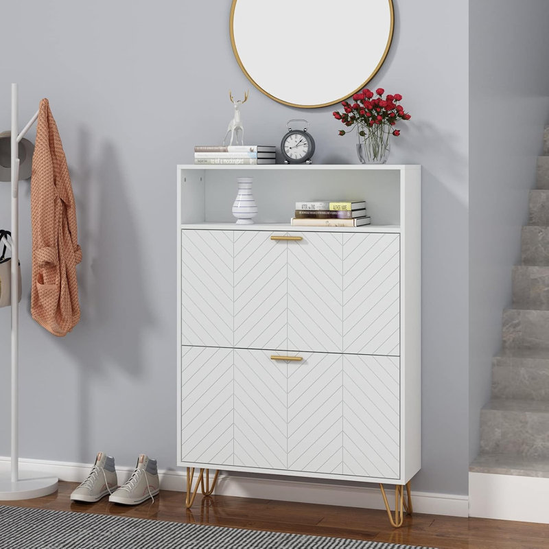 Shoe Cabinet, Freestanding Tipping Bucket Shoe Storage Cabinet With 2 Flip Drawers, Modern Entryway Shoe Rack With Storage Top Cubby, Narrow Slim Hidden Shoe Organizer With Doors (White)