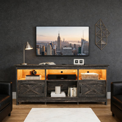 Farmhouse TV Station, Black Entertainment Center With LED Lights And Power Sockets, TV Media Console With Living Room Storage Space