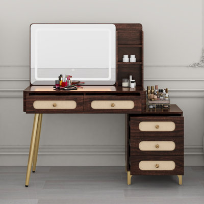 Vintage Makeup Desk with Mirror and Lights , 5 Drawers, Shelf and Rattan Drawer Details
