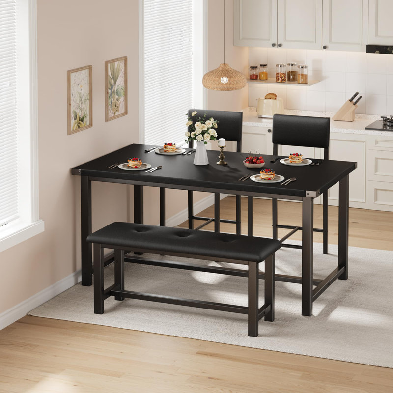 Wooden Dining Table Set for 4 Kitchen Table and 2 Upholstered Chairs with Bench Rectangular Dining Room Set for Small Space Apartment Home Easy Assembly Retro Black