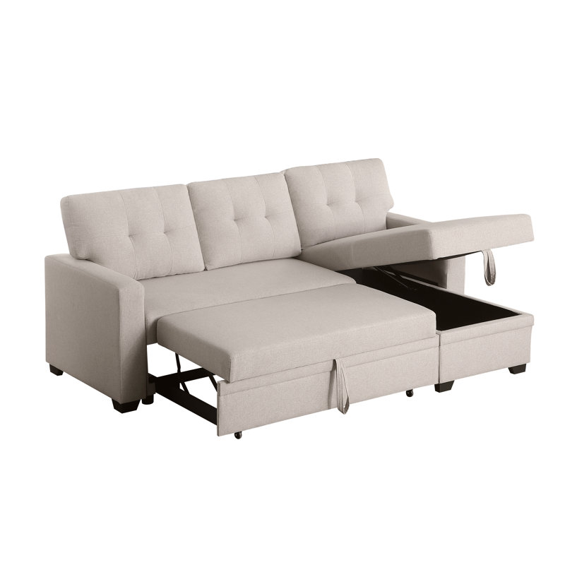 Upholstered Pull Out Sectional Sofa With Chaise, Beige Linen