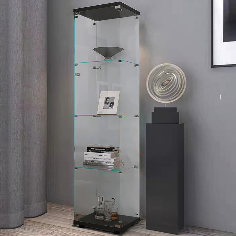 Vitrine 4 portes à une tablette en verre noir - Unité chic avec 4 tablettes et étui de rangement moderne