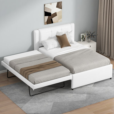 Twin Size Upholstered Platform Bed with Trundle – Pull-Out Trundle Can Be Flat or Raised, Solid Wood Frame, No Box Spring Needed, Beige