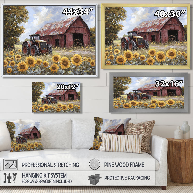Diyora campagne côté tournesols avec tracteur ferme I - tournesols, art mural, Brun, Impression encadrée flottante