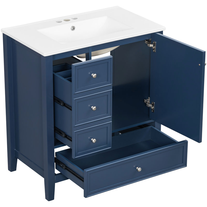Armoire de meuble-lavabo de salle de bain 30 po, armoire en bois massif avec 3 tiroirs et armoire de rangement simple, Blue