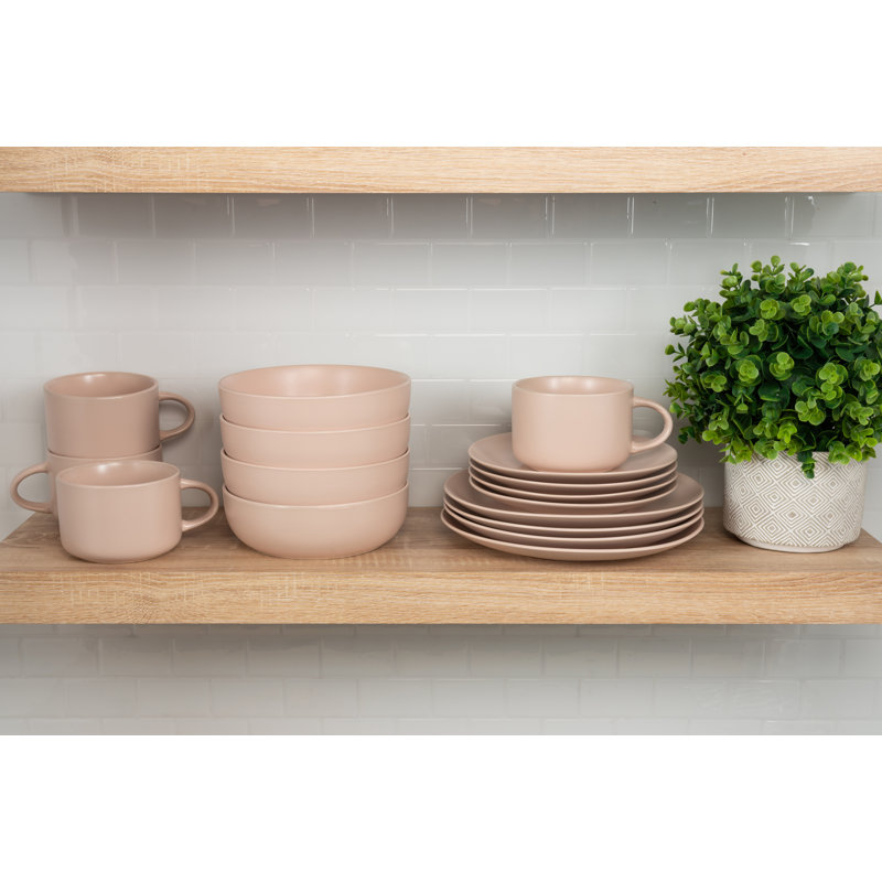 Wazee Matte 16 Piece Dinnerware Set, Service for 4, Blush Pink