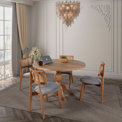 Akeeyla 5-Piece Dining Table & Chairs Set, Solid Beech Wood & Linen, 39.4 x 29.5 x 39.4 inches Table | 4 Chairs: 16.9 x 31.9 x 18.1 inches | Traditional Brown | Durable MDF Top | Perfect for Family Gatherings & Elegant Dining Spaces