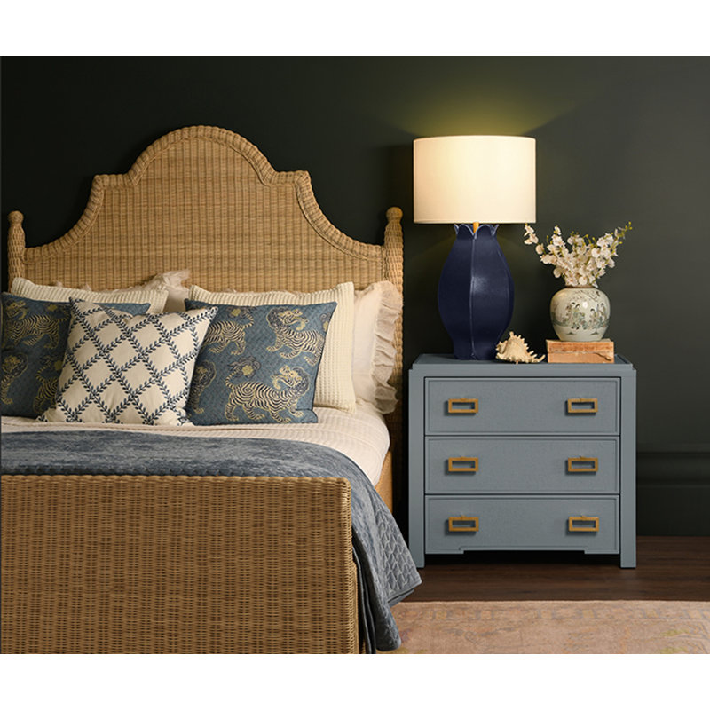 Bed Frame with Arched Headboard, Side Rails, and Footboard in Rattan with Wood Feet, King