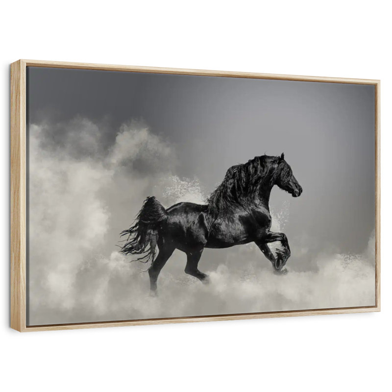 Cheval frison noir au galop, Cadre flottant en bois naturel, 13 po x 9 po