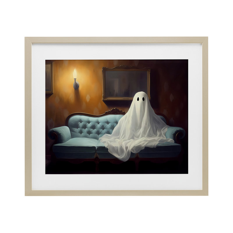 «Ghost On Spooky Couch», reproduction sous verre, conception de Lsr Design Studio, H 13 po x l 16 po, Cadre de récolte en pin