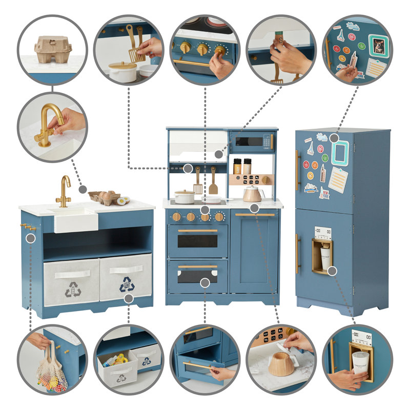 Teamson Kids Little Chef Atlanta Modular Wooden Pretend Play Kitchen +17 Accessories & Interactive Toy Appliances, Blue/Gold