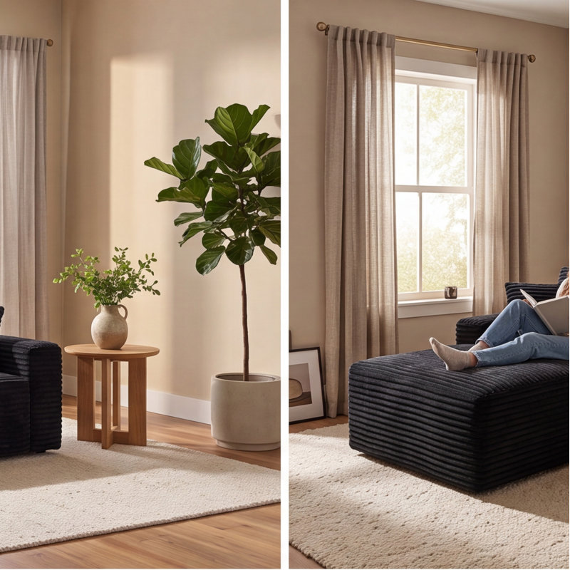 Fauteuil d'appoint sans accoudoirs en velours côtelé noir pour salon, chambre à coucher, L 69 po