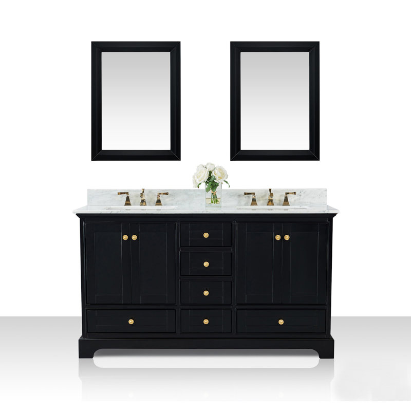 Ensemble de meuble-lavabo double 60 "avec miroir Audrey, Blanc de Carrare, Blanc, Doré