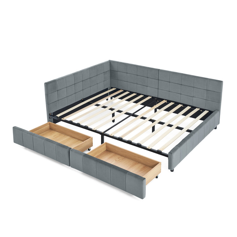 Structure de lit double avec revêtement en velours et rangement à double tiroir, pour les compartiments de rangement gris de la chambre à coucher, utilisation