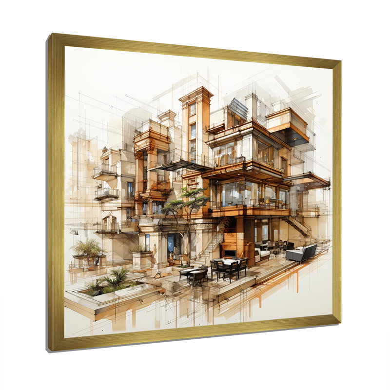 Dessin d’analytique d’un hôtel sur une impression sur toile, Cadre doré simple, H 30 po x l 30 po x P 1 po