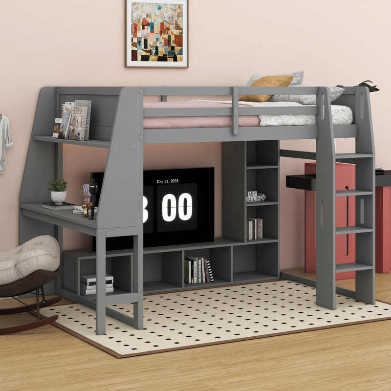Full Size Wood Gaming Loft Bed – Desk, Multi-Storage Shelves, LED & Hanging Clothes Rack