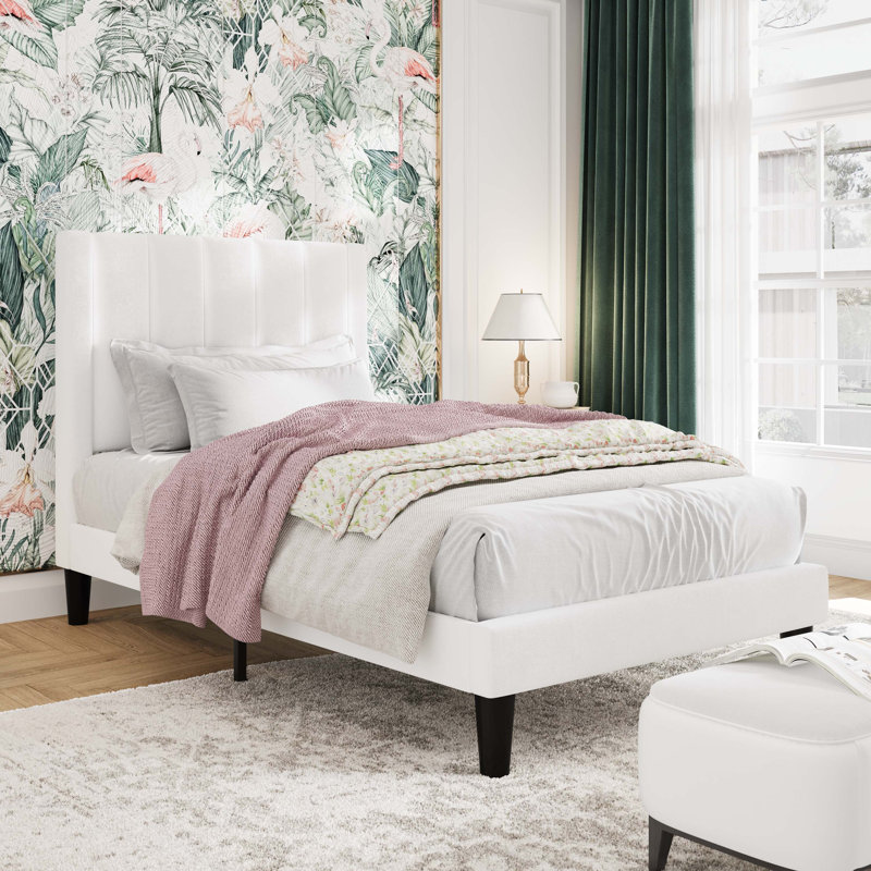 Modern Velvet Upholstered Platform Bed with Headboard, No Box Spring Needed, White, Twin